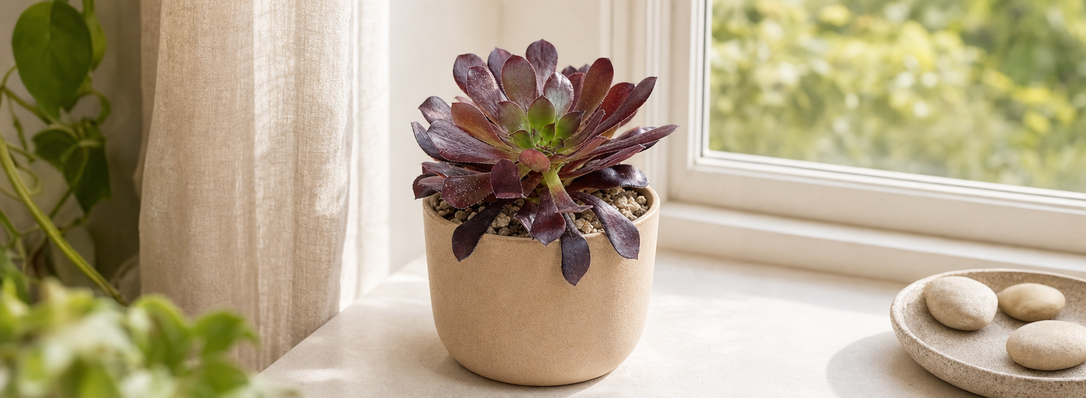 KI-gestaltetes junges purpurrotes Rosetten-Dickblatt Atropurpureum am hellen Fenster