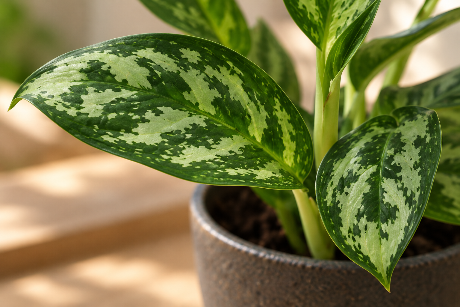 Enlarged AI-created detail of Aglaonema 'Amazon Silver'