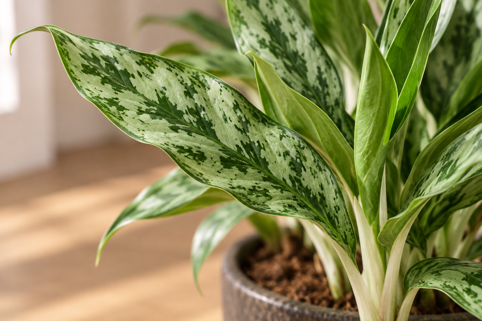 Détail agrandi créé par IA d’Aglaonema 'Greyhound'