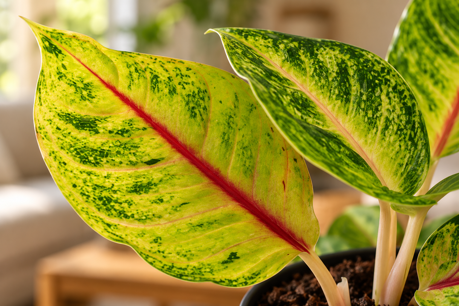 Vergrößerte KI-Detailansicht von Aglaonema 'Iguana Red'