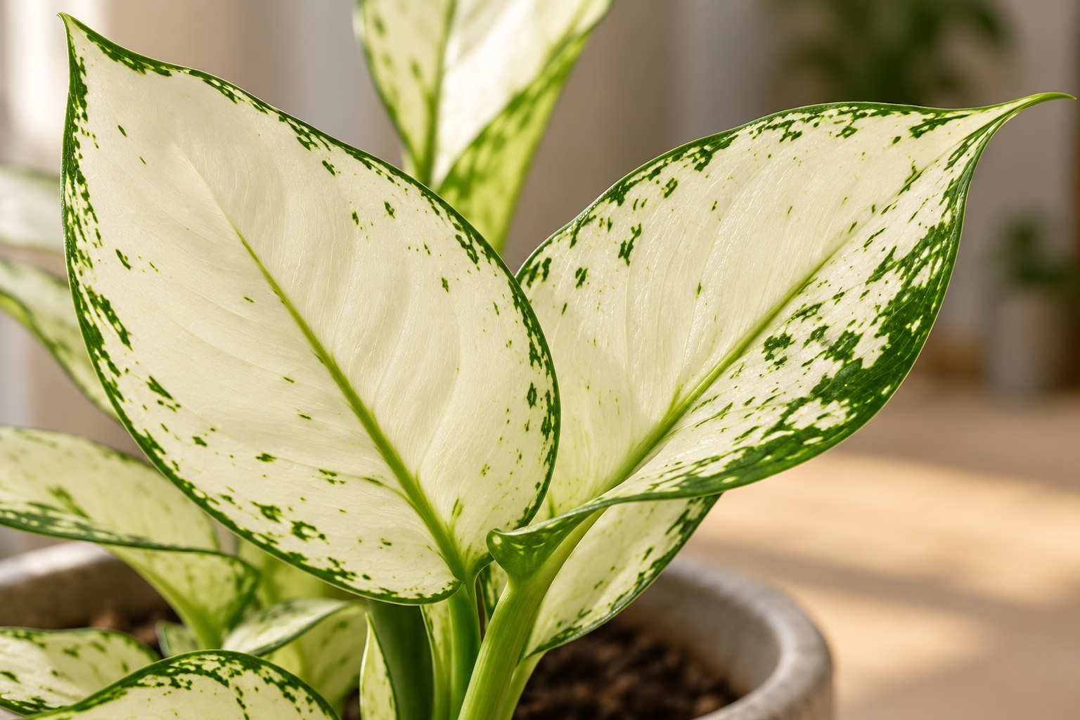 Détail agrandi créé par IA d’Aglaonema « White Joy »