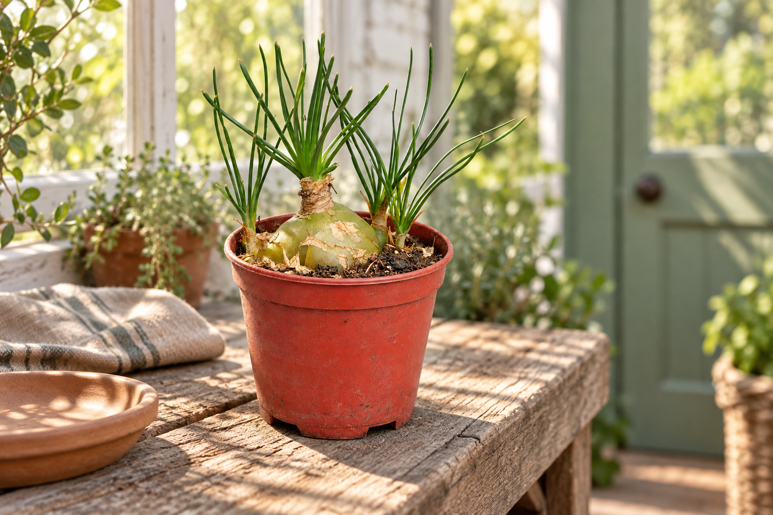 Albuca humilis mit grüner Zwiebel, papierigen Schuppen und feinen geraden Blättern an einem hellen geschützten Pflanztisch