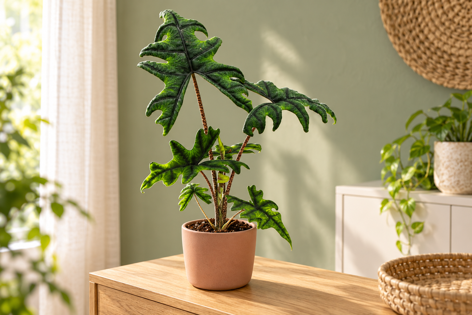 Alocasia Jacklyn mit tief gelappten grünen Blättern im terrakottafarbenen Übertopf auf einer hellen Holzkonsole
