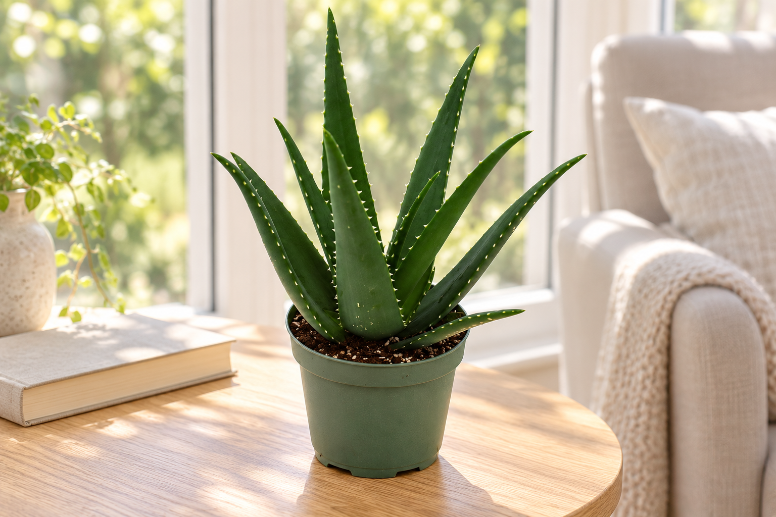 Aufrechte dunkle Aloe-Rosette mit kleinen hellen Randzähnen im grünen Kulturtopf neben heller Glasfläche und Lesesessel