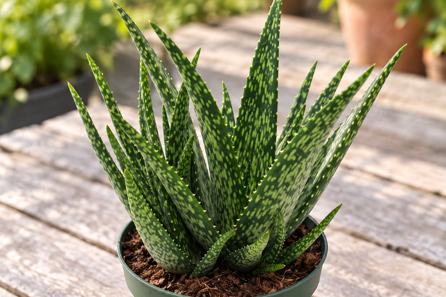KI-gestaltete Nahansicht schlanker spitzer Aloe-Blätter mit länglichen hellen Flecken und kleinen Randzähnen