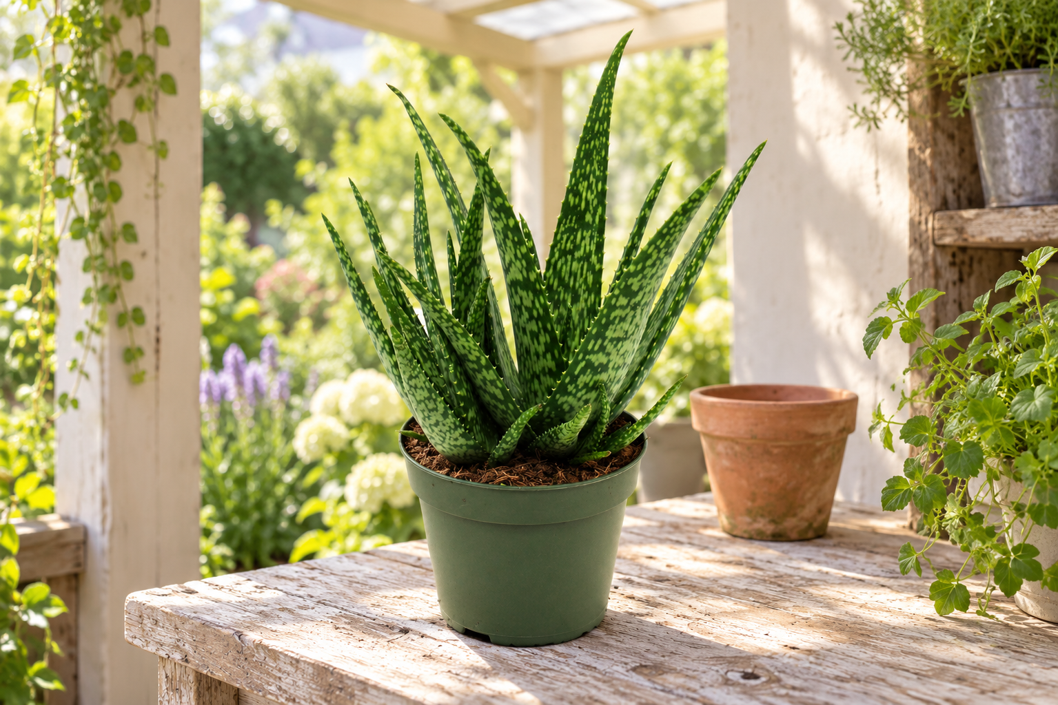 Aufrechte Aloe mit schlanken hell gesprenkelten Blättern im grünen Kulturtopf auf einem geschützten sommerlichen Pflanztisch