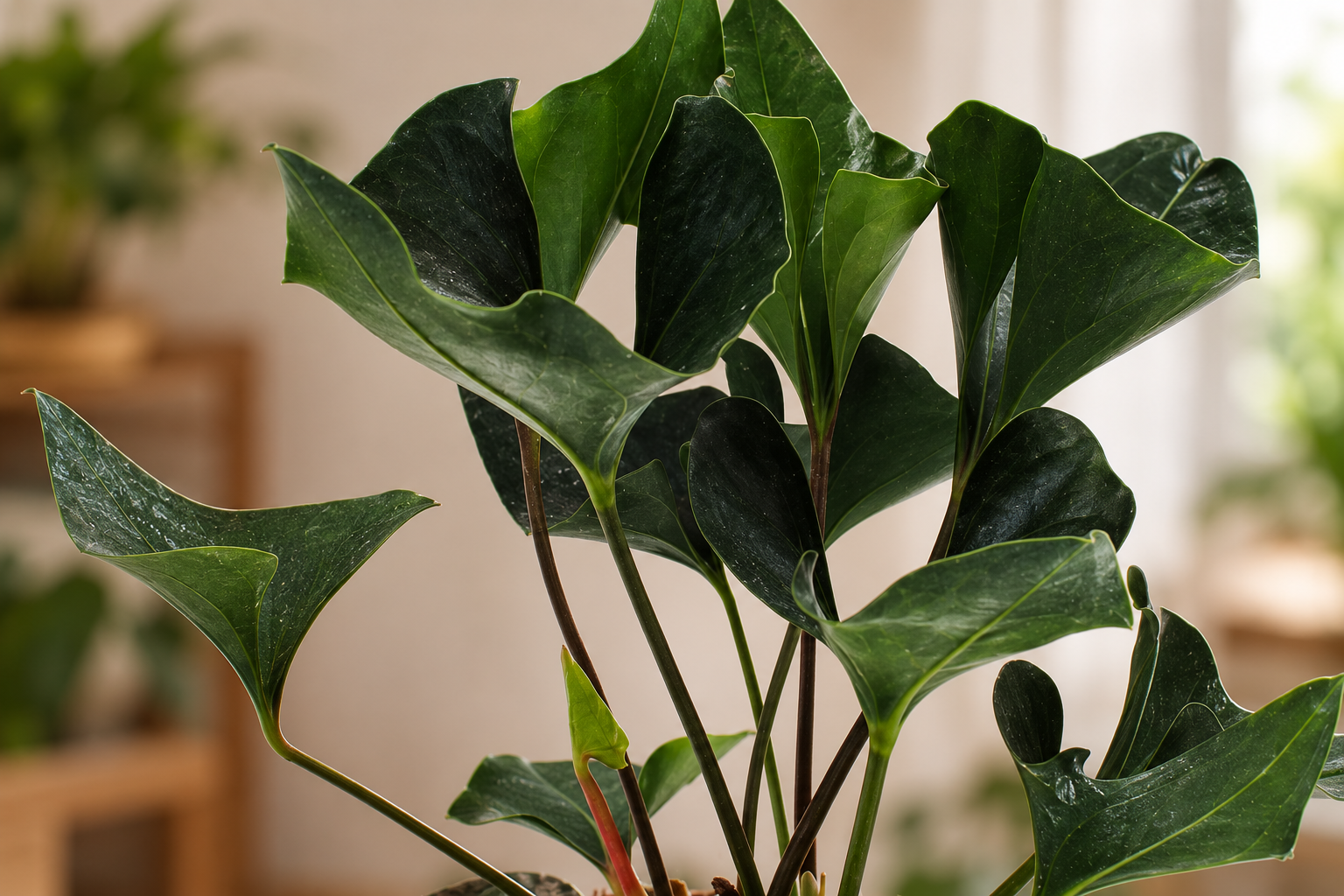 Vergrößerte KI-Detailansicht von Anthurium 'Arrow'