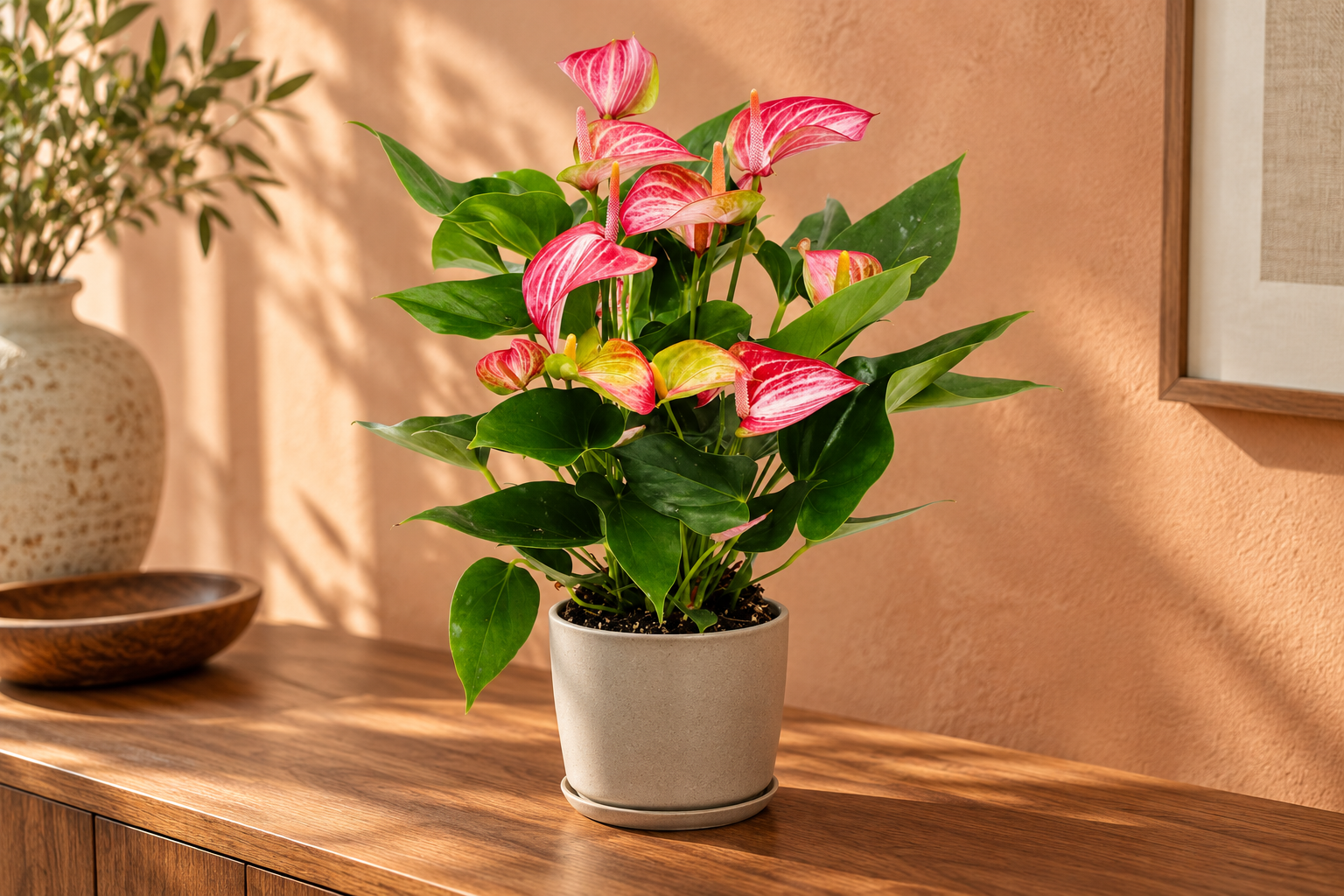 KI-gestaltete Wohnszene mit Anthurium 'Livium' nach der zugehörigen Original-Shopaufnahme