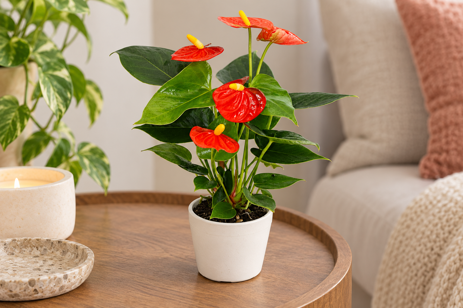 KI-gestaltete Wohnszene mit Anthurium andreanum 'Orange Champion' in den Proportionen der jungen Sortimentspflanze