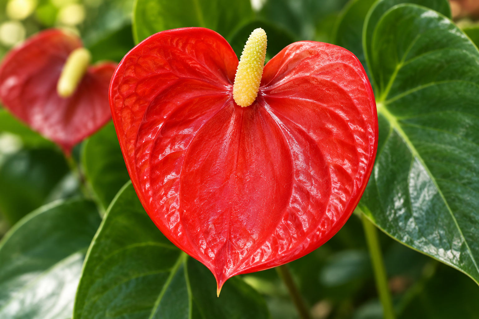 AI-created detail: red heart-shaped bract with paler spadix before green leaves