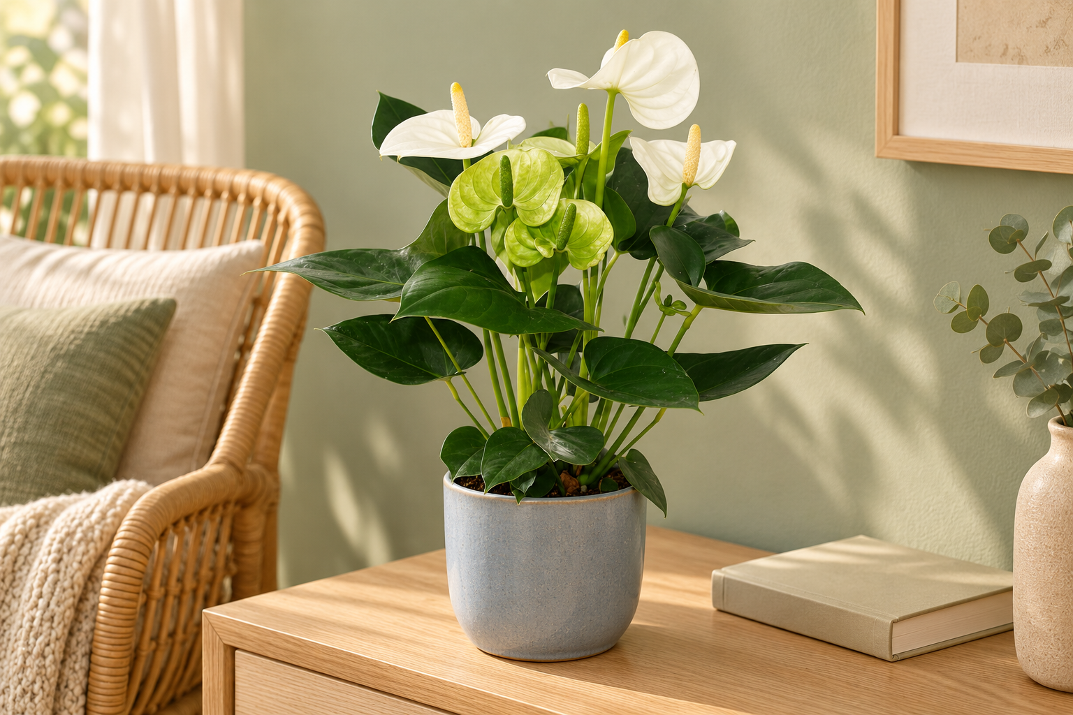 Anthurium Sierra White dans une scène chaude et lumineuse créée par IA