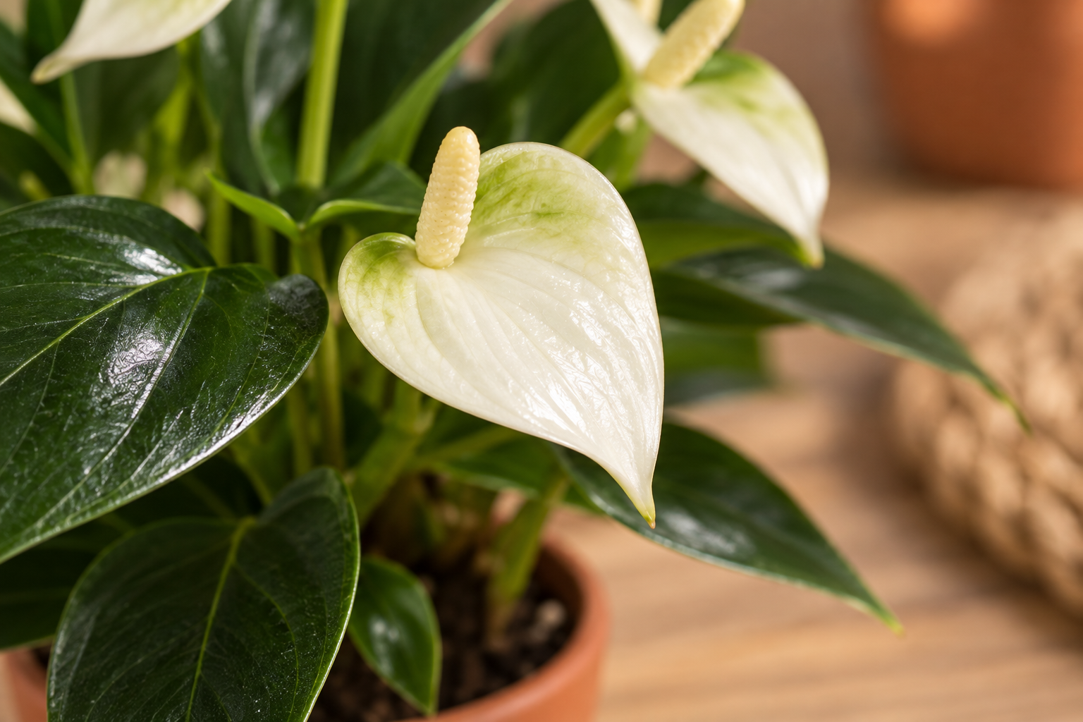 Vergrößerte KI-Detailansicht von Anthurium andraeanum 'White Champion'