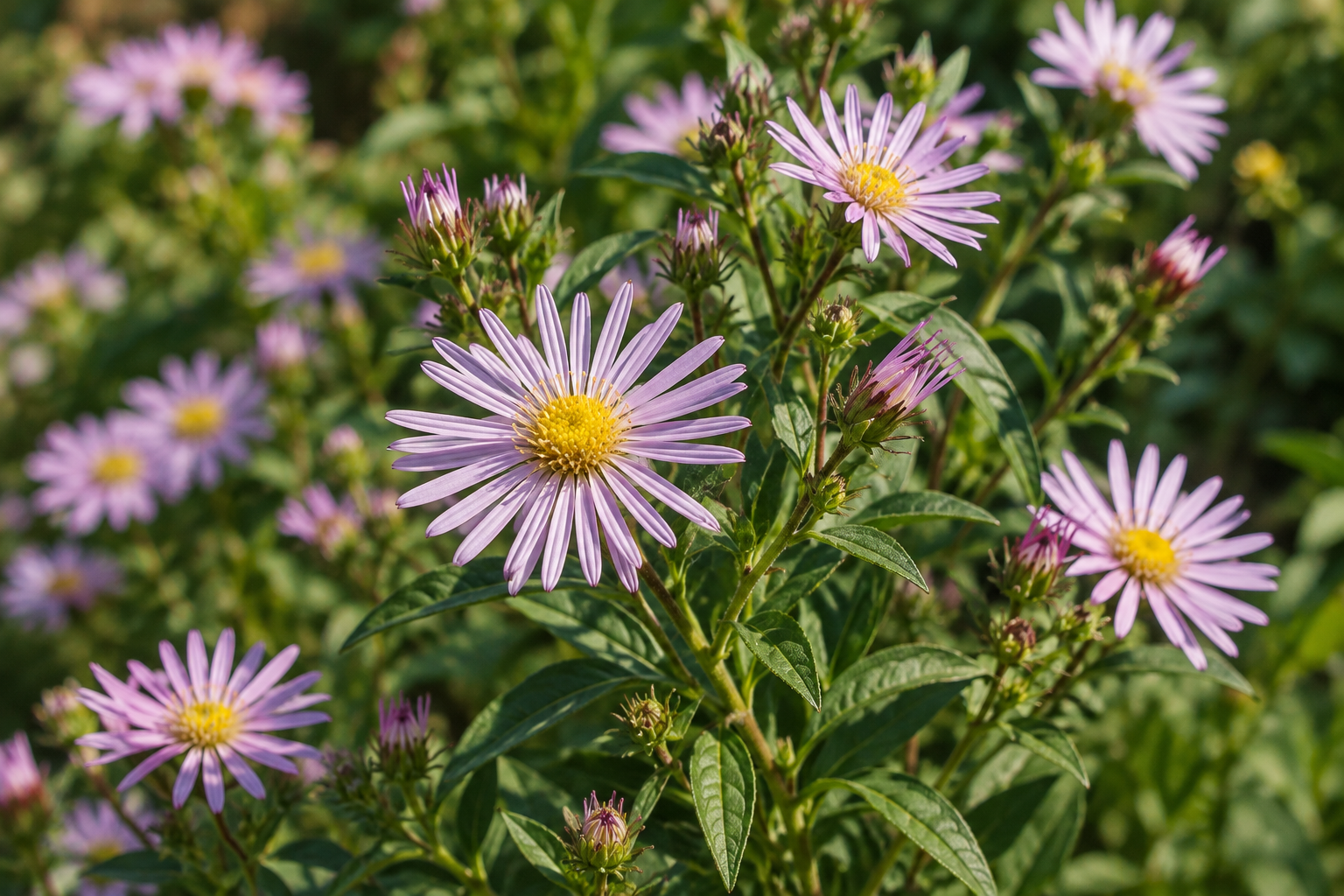AI detail of later garden flowering: violet-pink Asran heads with yellow centres