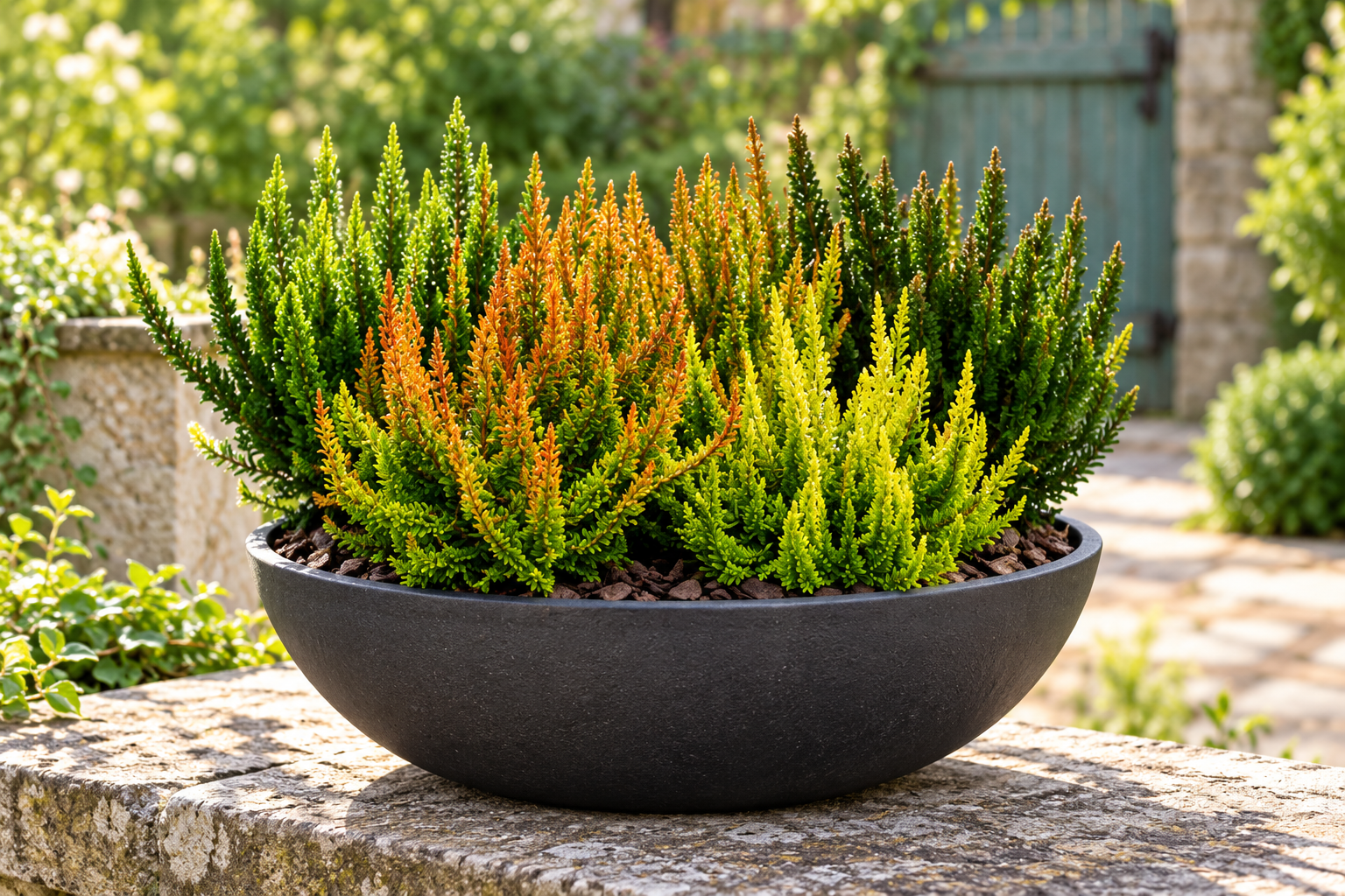KI-gestaltete Gruppe laubbetonter Calluna Green Nature in einer anthrazitfarbenen Schale auf einer steinernen Gartenbank