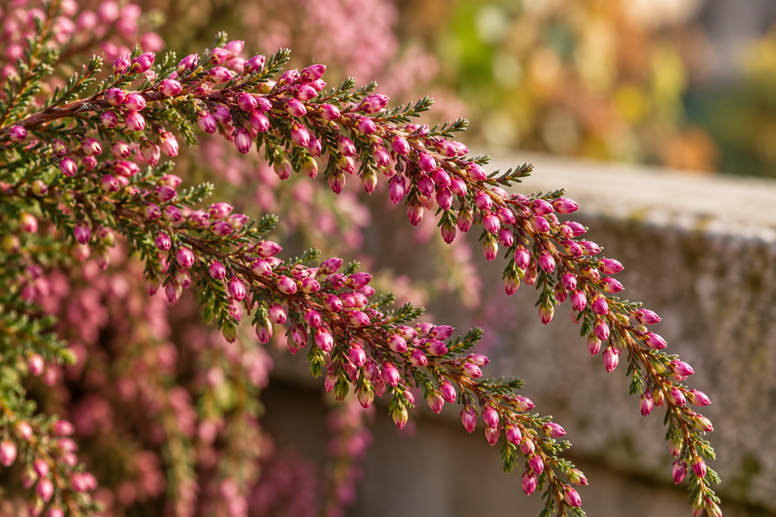 Vergrößerte KI-Detailansicht von Calluna vulgaris, hängende Handelsformen