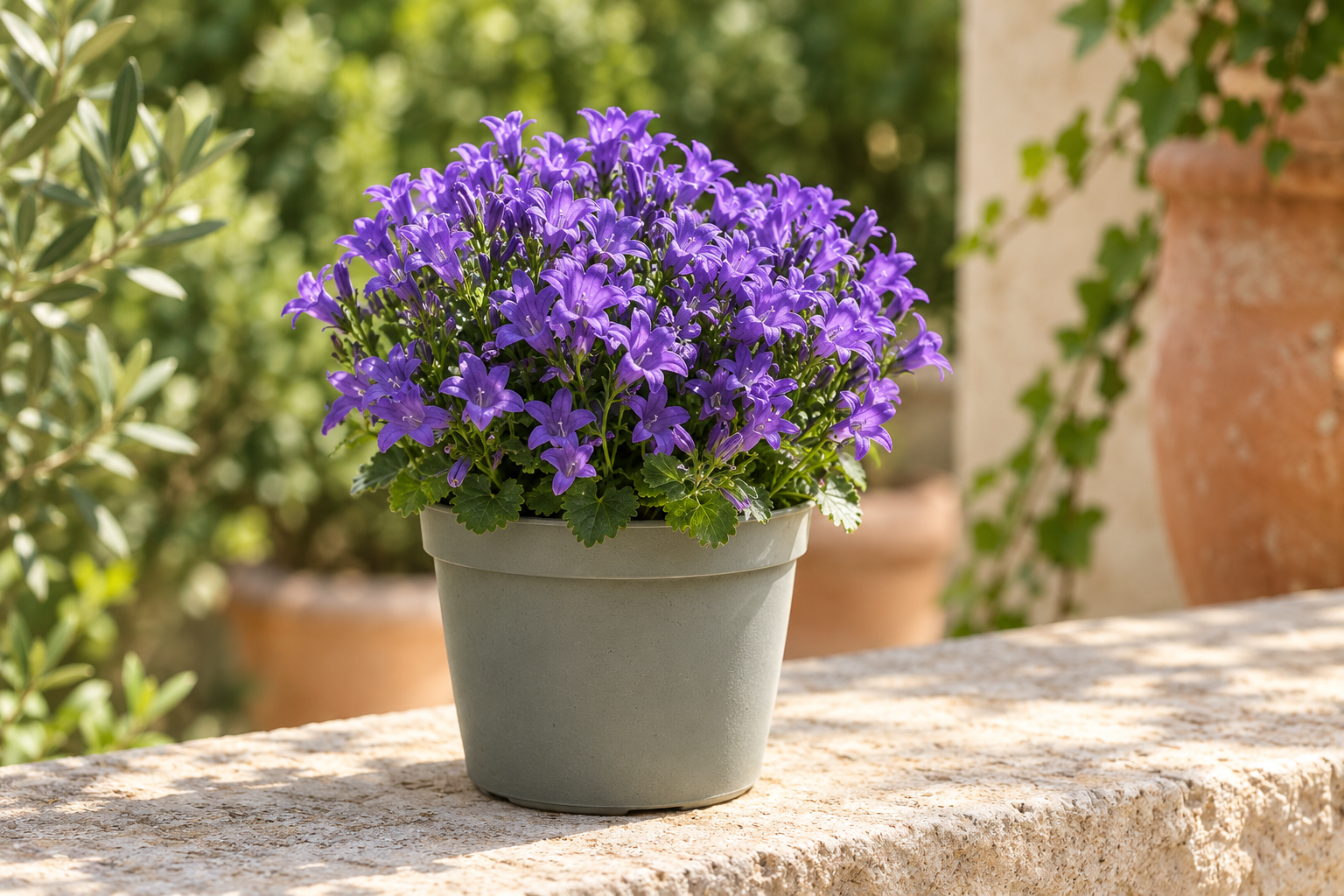 One young compact purple-flowered Ambella bellflower in a grey-green 12 cm nursery pot on a bright garden terrace; AI scene
