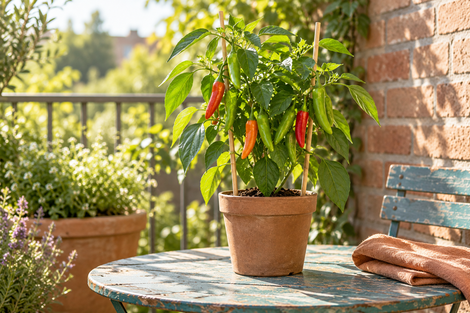 Beispielhafte Kulturansicht einer jungen Mild-Chili-Pflanze mit langen grünen und orange-roten Früchten an einem hellen geschützten Balkonplatz