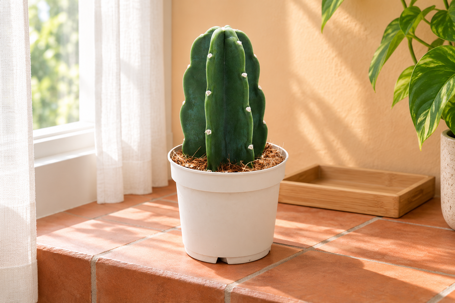 Une jeune colonne de cactus Cuddly verte droite aux aréoles claires, en pot de culture blanc de 12 cm sur une tablette couleur terre cuite dans une pièce lumineuse ; scène IA