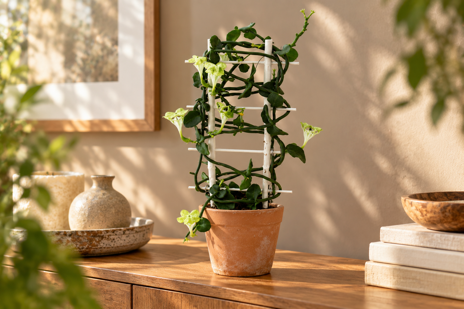KI-gestaltete Szene mit Ceropegia sandersonii in den Proportionen der konkreten Sortimentspflanze