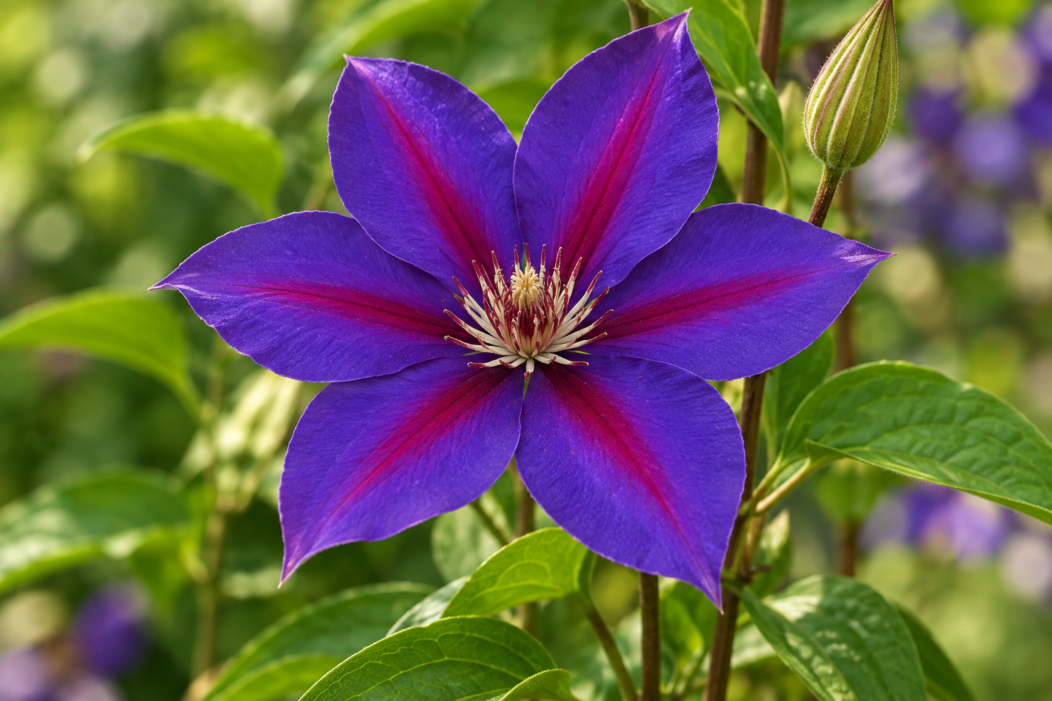 Clematis Mrs N. Thompson in a botanical flower detail view; AI-created