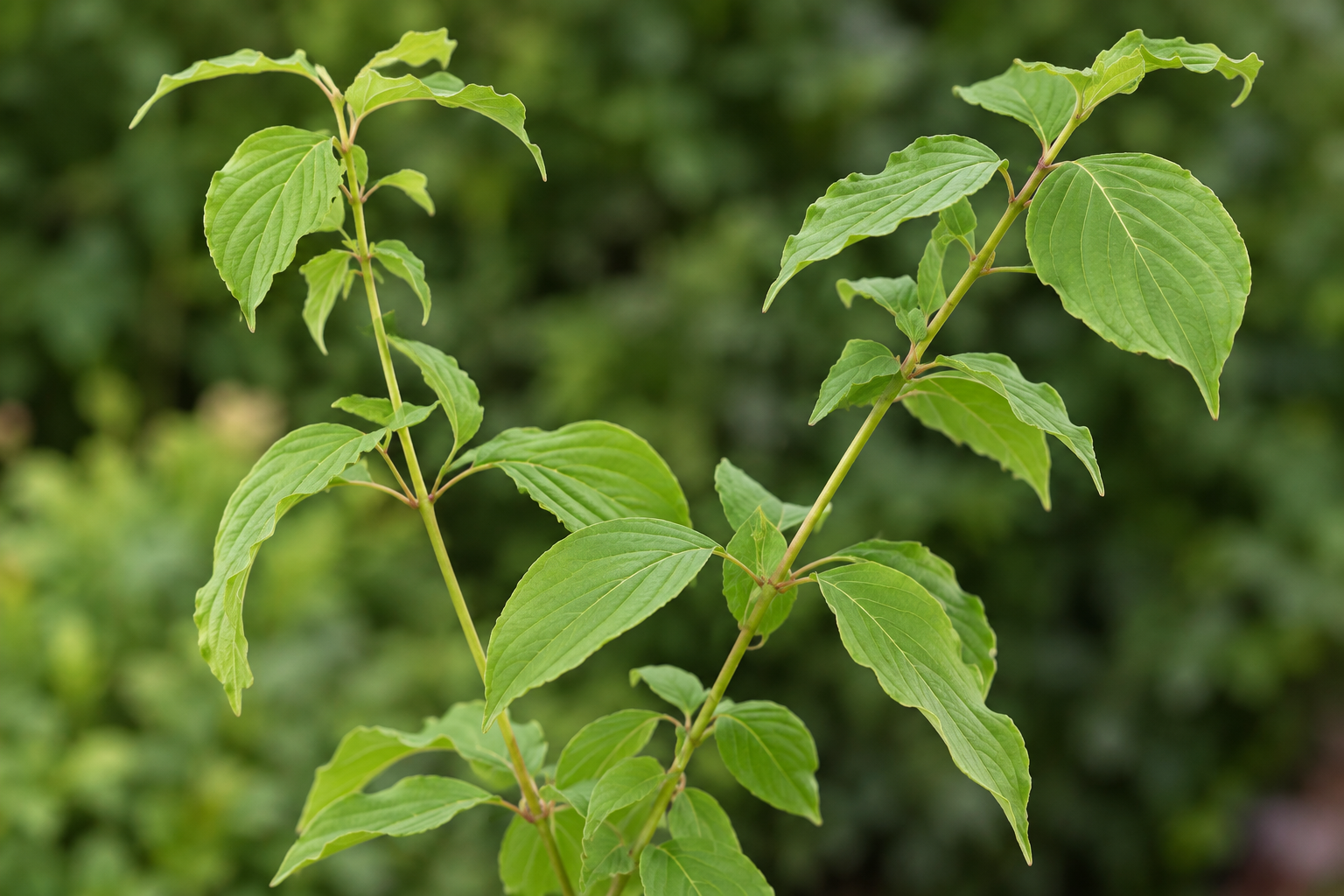 AI-created opposite green oval pointed dogwood leaves/arched veins