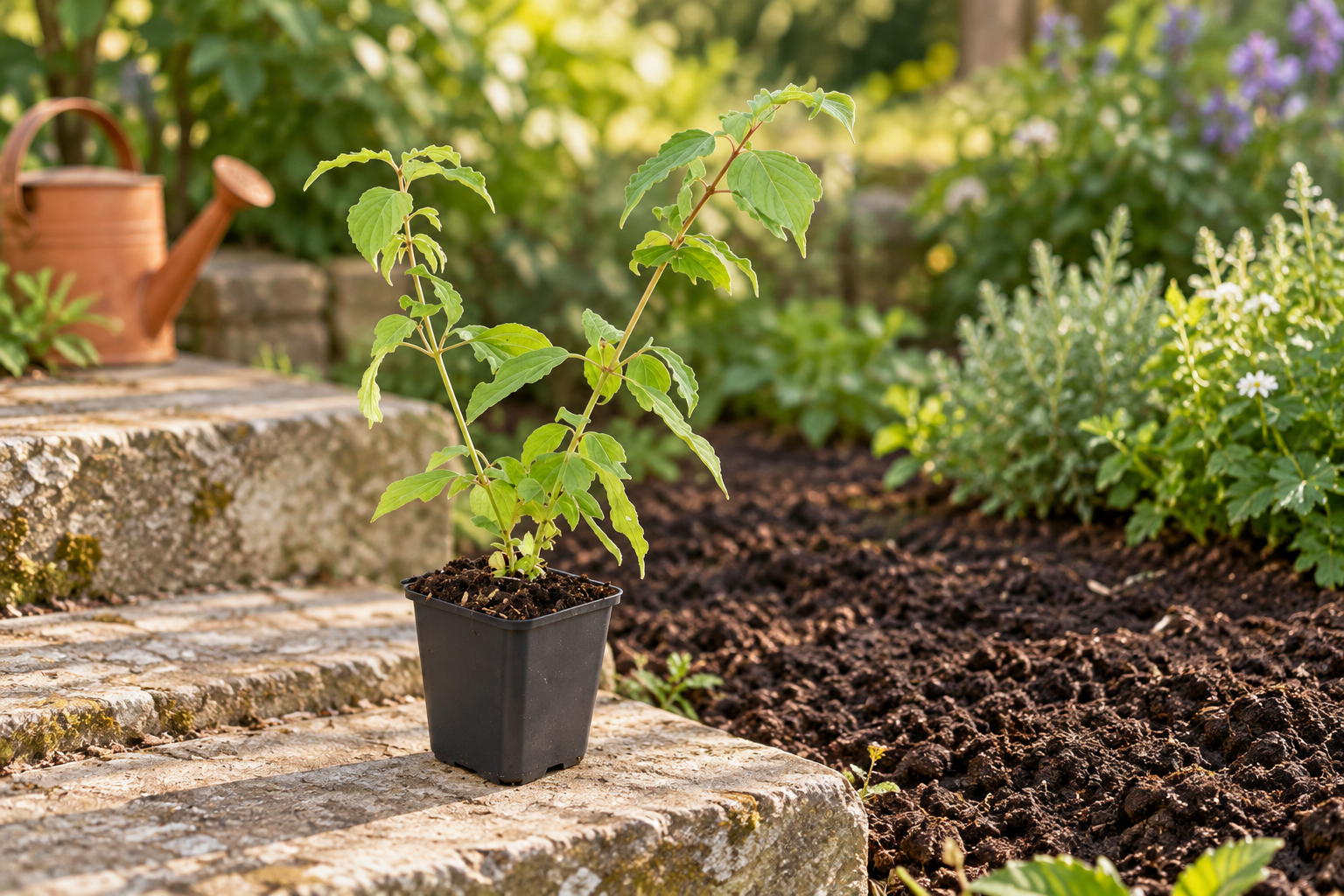 Young green dogwood/dark square pot on stone garden step beside prepared bed, AI-created
