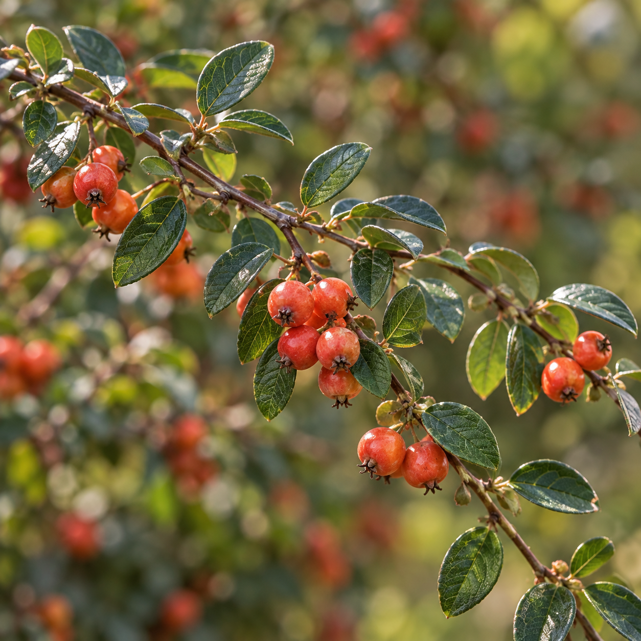 KI-Detailansicht kleiner glänzender grüner Blätter und korallroter bis orangefarbener Zierfrüchte einer entwickelten Coral Beauty