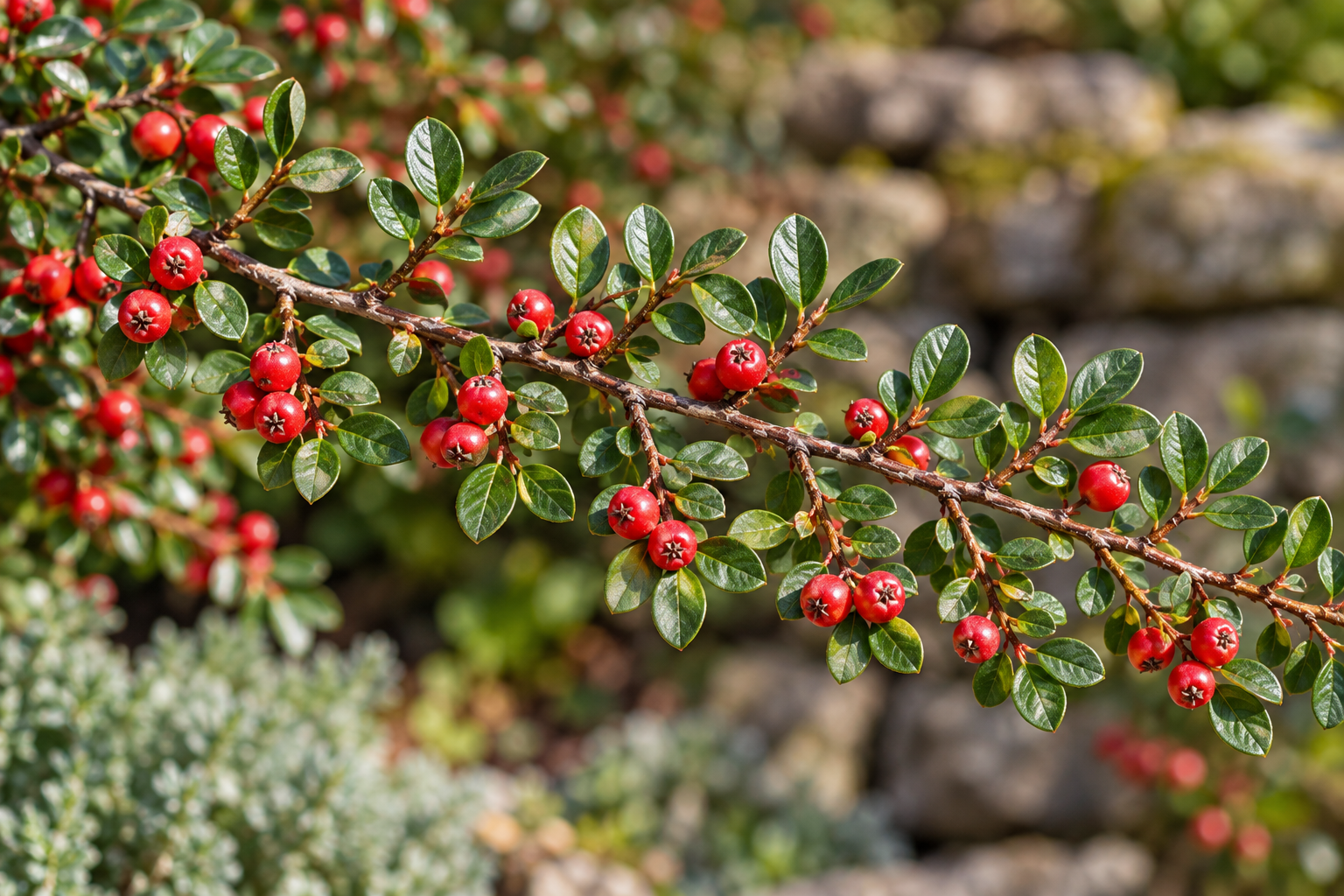 Vue rapprochée IA d’une branche développée de cotonéaster horizontal avec petites feuilles entières et fruits décoratifs rouges