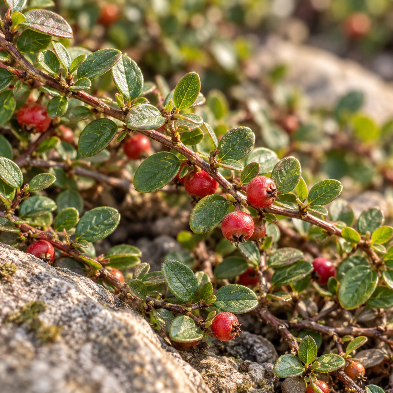 Vue rapprochée IA de petites feuilles vertes et fruits rouges décoratifs d’un cotonéaster nain Streibs Findling développé