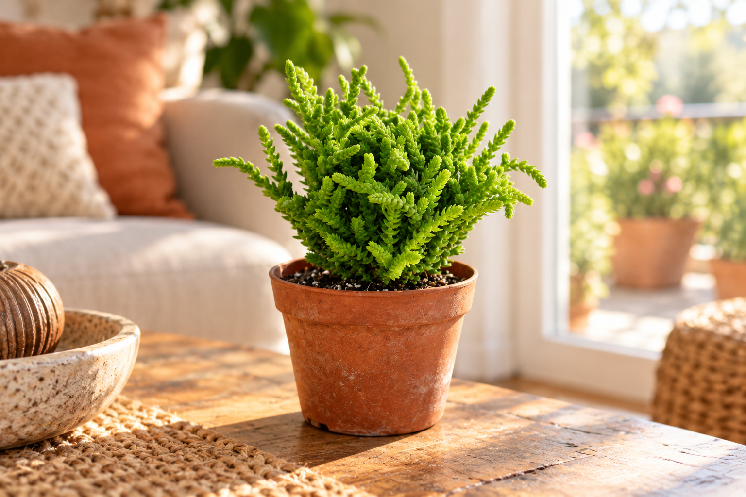 KI-gestaltete Szene mit Crassula lycopodioides in den Proportionen der konkreten Sortimentspflanze