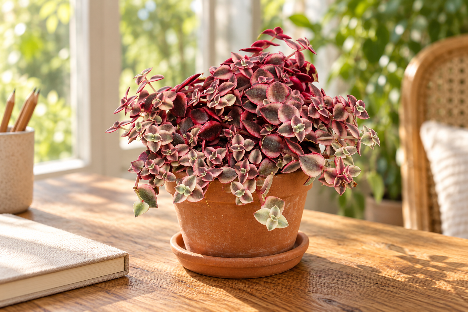 Kleine Crassula marginalis mit rosa gerandeten Blattherzen im Terrakottatopf auf einem hellen Eichen-Schreibtisch in einer KI-Szene