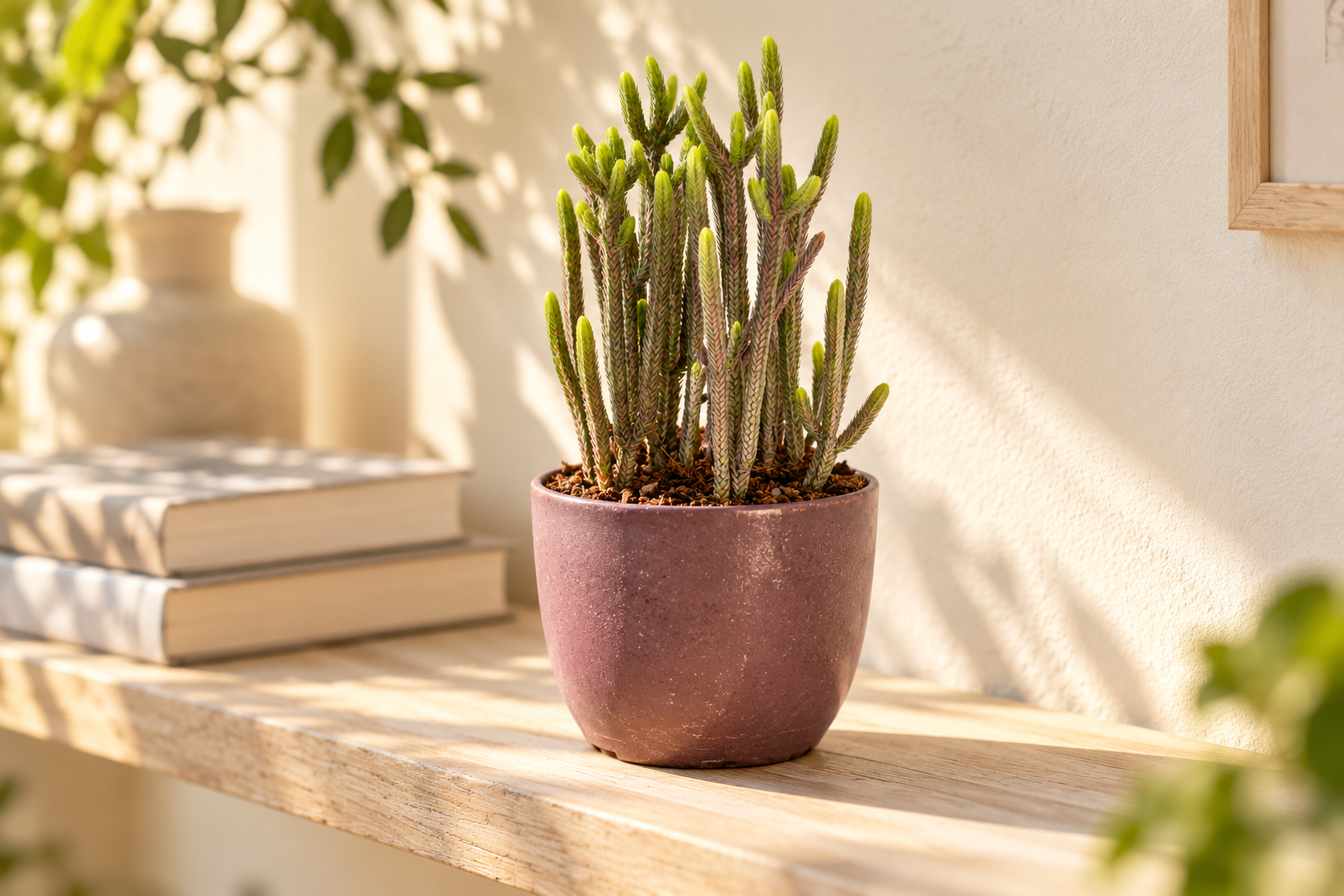 KI-gestaltete Szene mit Crassula lycopodioides Rhapsody in Pink in den Proportionen der konkreten Sortimentspflanze