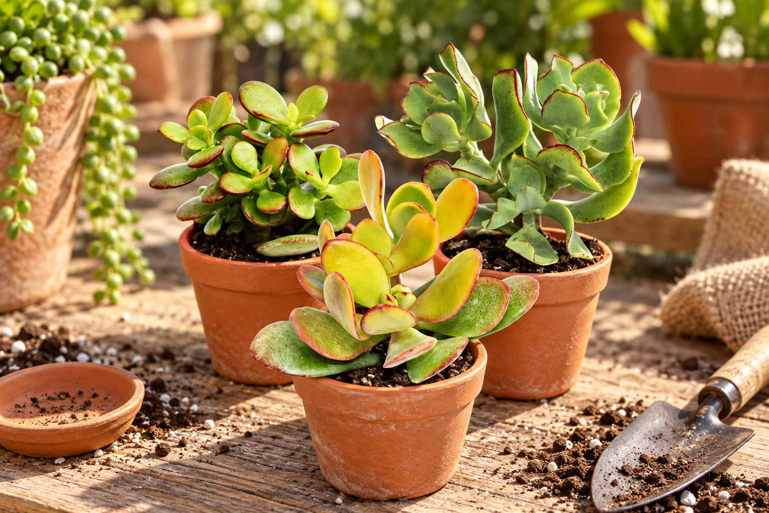 Drei kleine Crassula mit unterschiedlichen fleischigen Blattgestalten in winzigen Terrakottatöpfen auf einem hellen Pflanztisch, KI-Szene