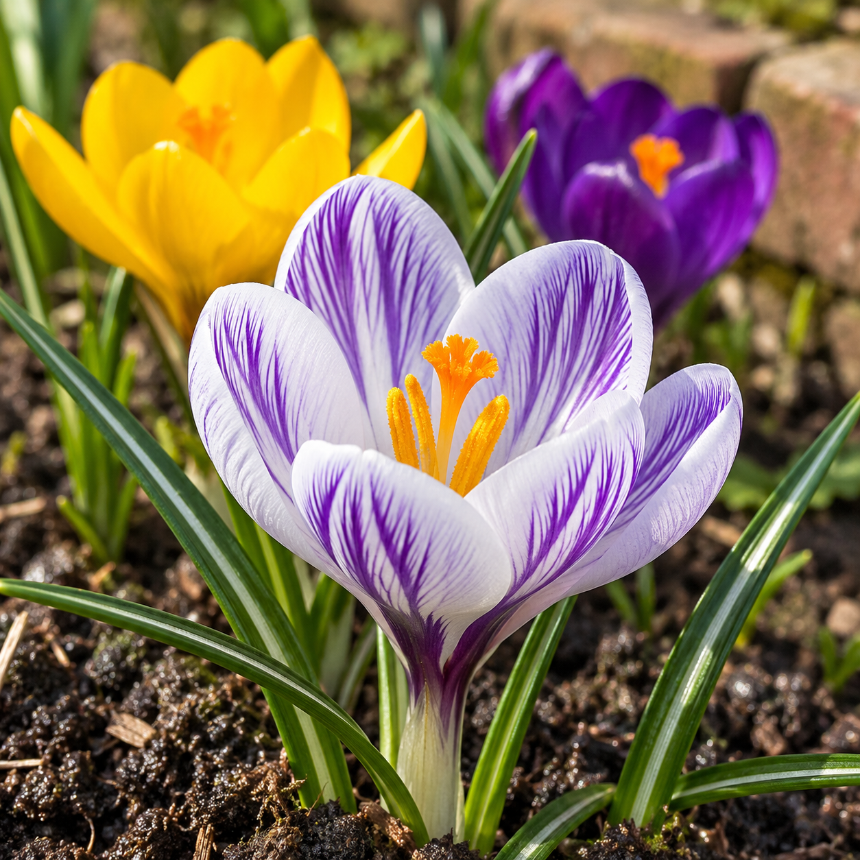 Large white-purple striped cup with yellow/purple behind in AI-created enlarged garden close-up