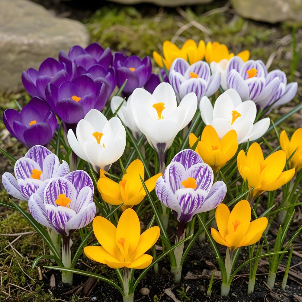 Unchanged clean shop original of large crocus garden mix, purple white striped and yellow cups