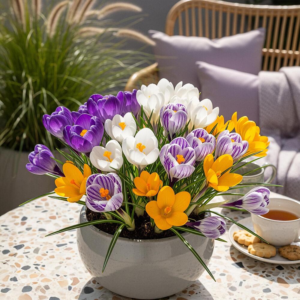 Unchanged clean shop original of later flowering large crocus mix in bowl on terrace table