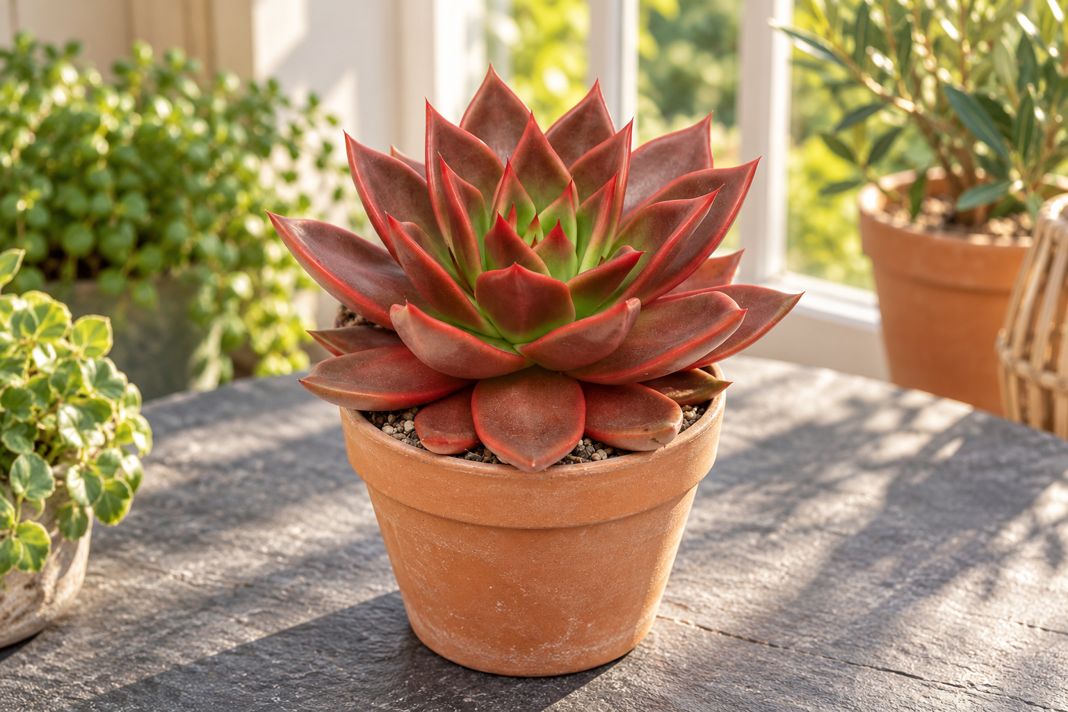 KI-gestaltete Szene von Echeveria agavoides 'Antaris' am passenden Standort