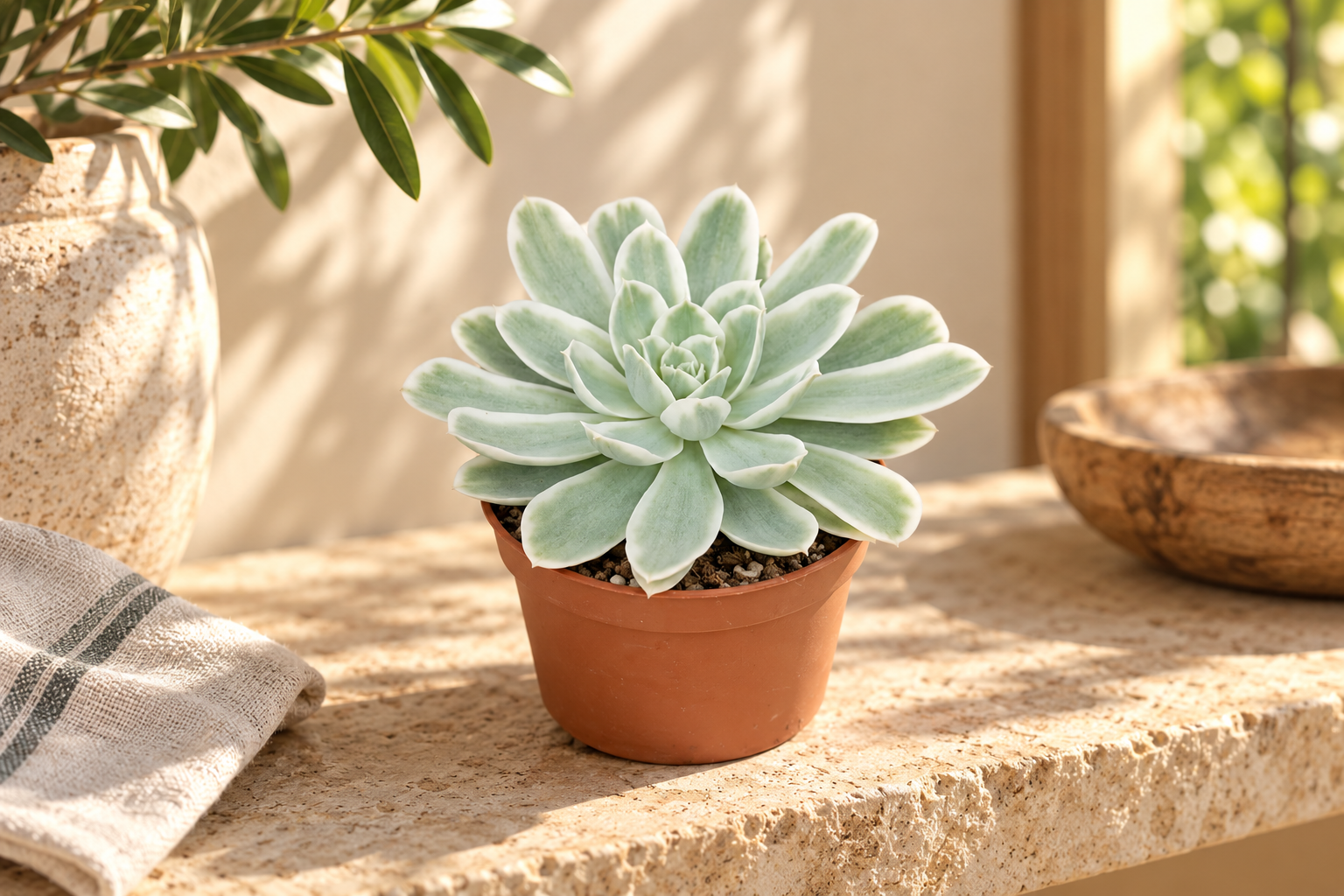 KI-gestaltete Wohnszene mit Echeveria subsessilis 'Lemon Lime' im Größenbezug des Sortimentsartikels