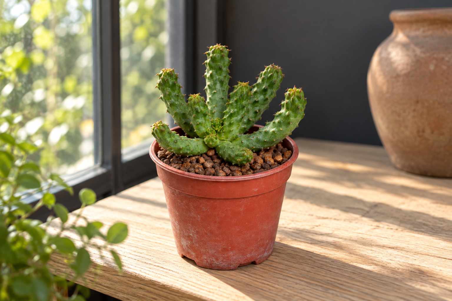 KI-gestaltete Beispielszene von Euphorbia inermis mit kompaktem grünem Körper und gebogenen Armen