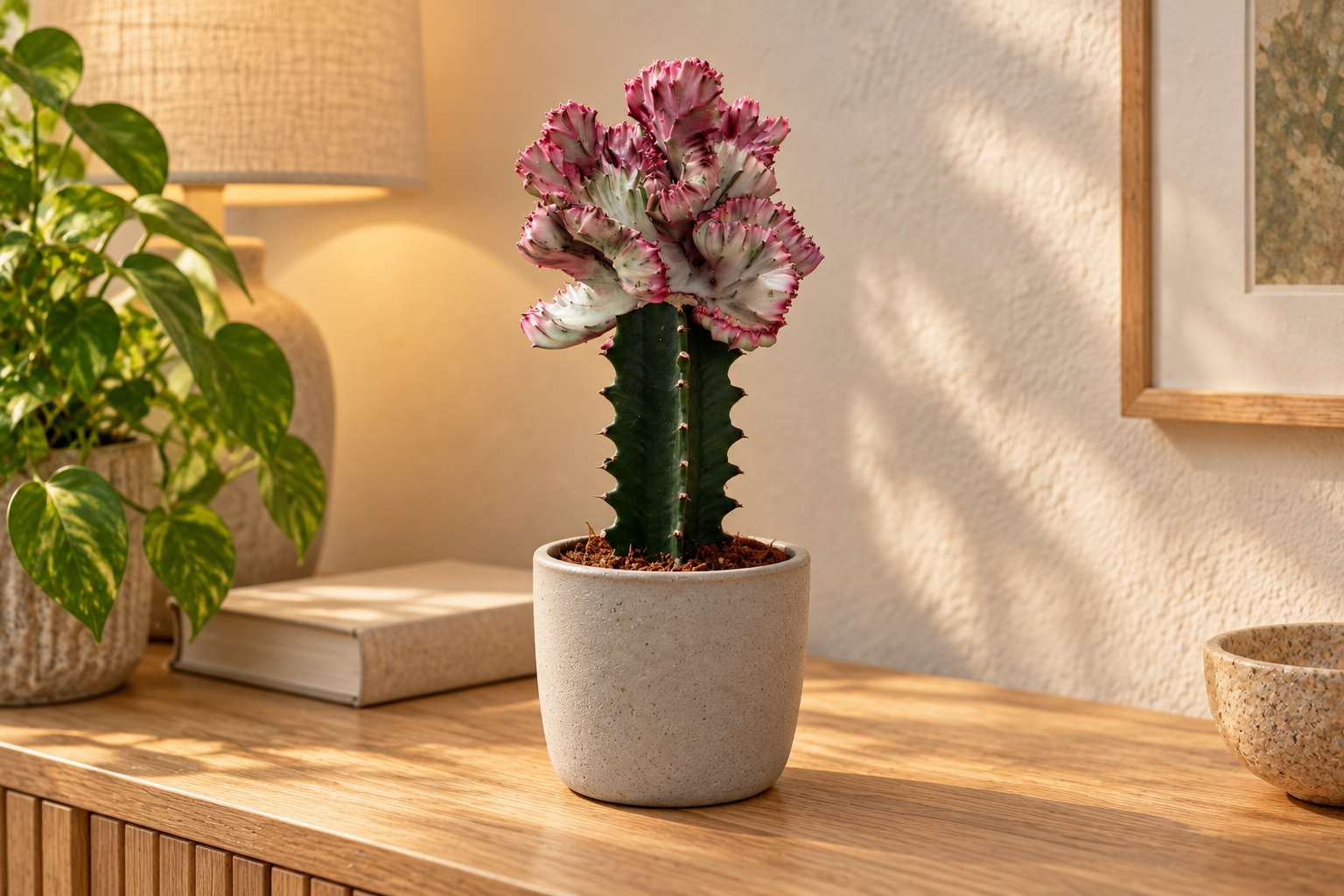 Gepfropfte Euphorbia lactea Cristata mit heller rosageränderter Fächerkrone im Wohnbereich