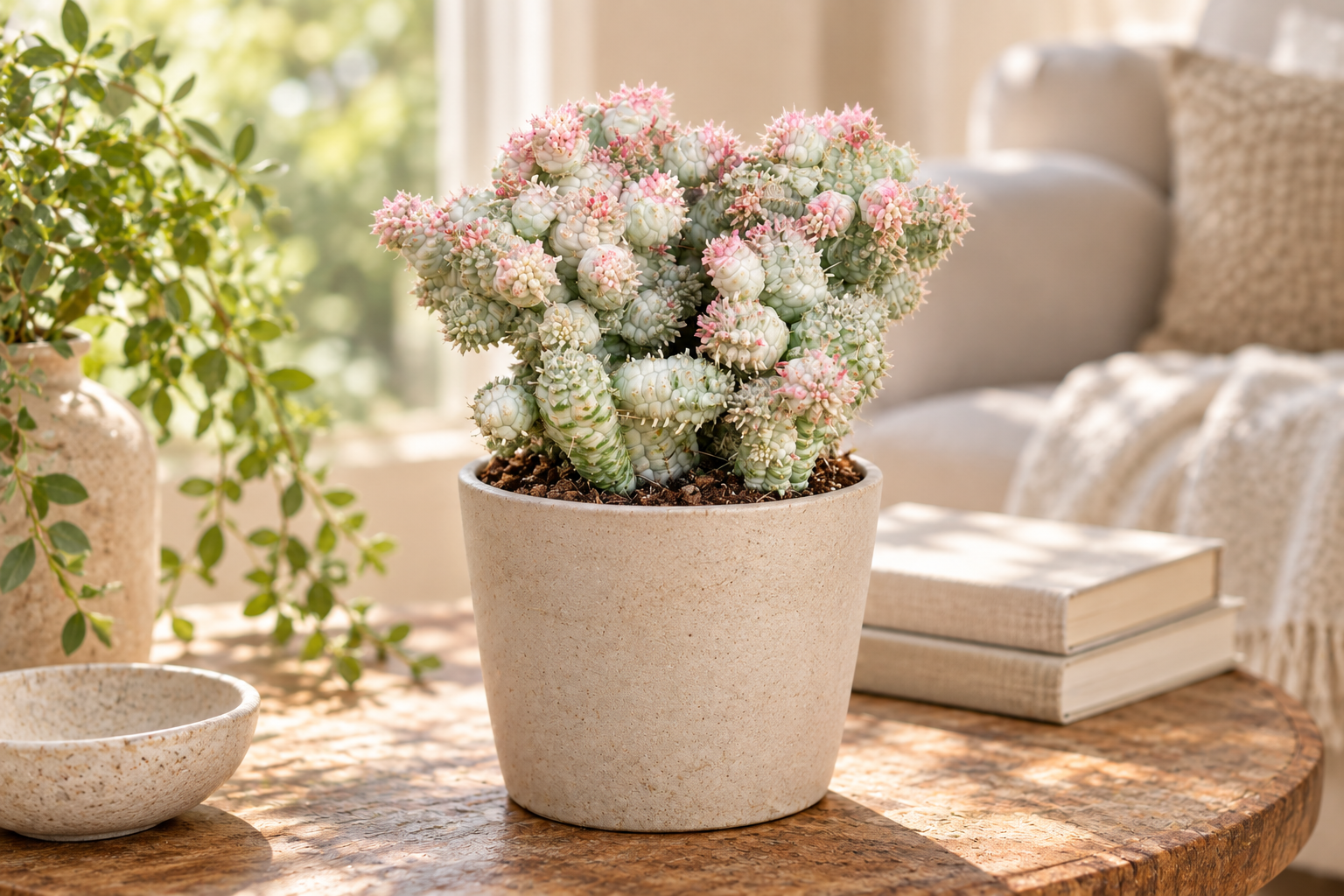 Helle verzweigte Euphorbia mammillaris Variegata mit rosa jungen Partien im sandfarbenen Übertopf