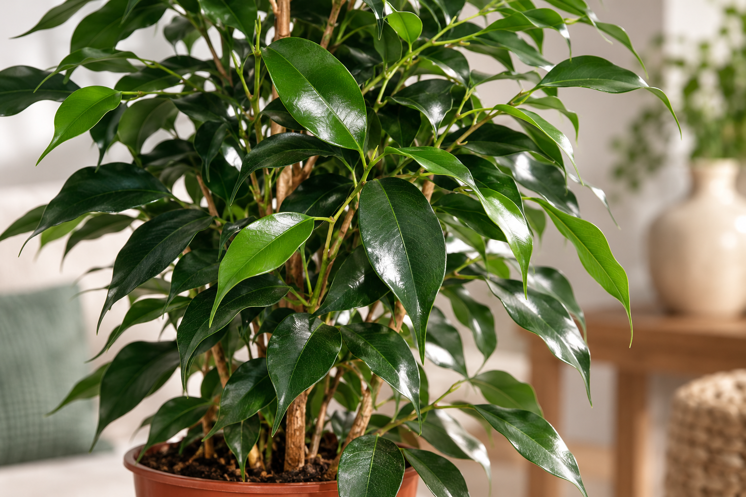 Détail agrandi créé par IA de Ficus benjamina « Danielle »