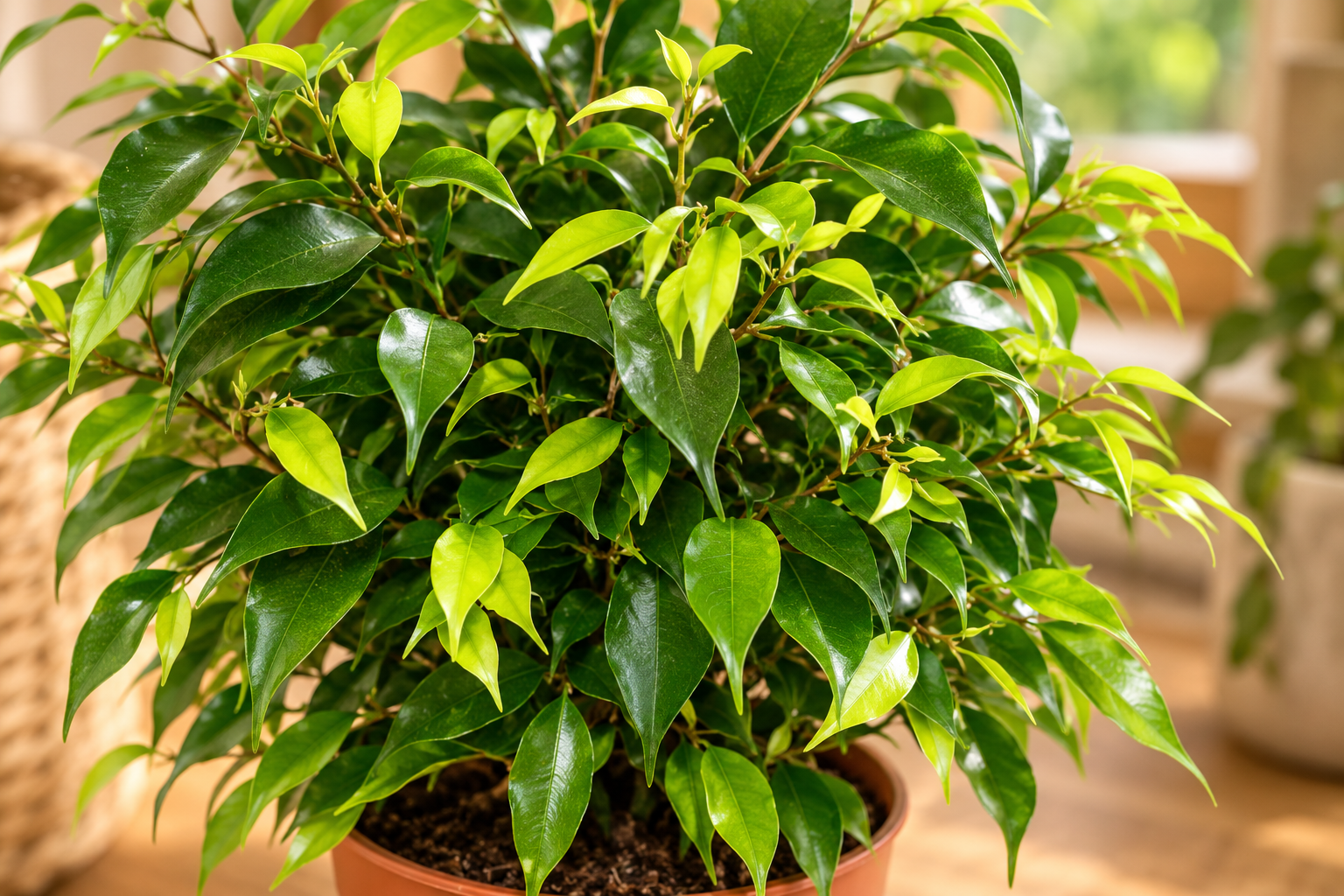Vergrößerte KI-Detailansicht von Ficus benjamina 'Kinky Green'