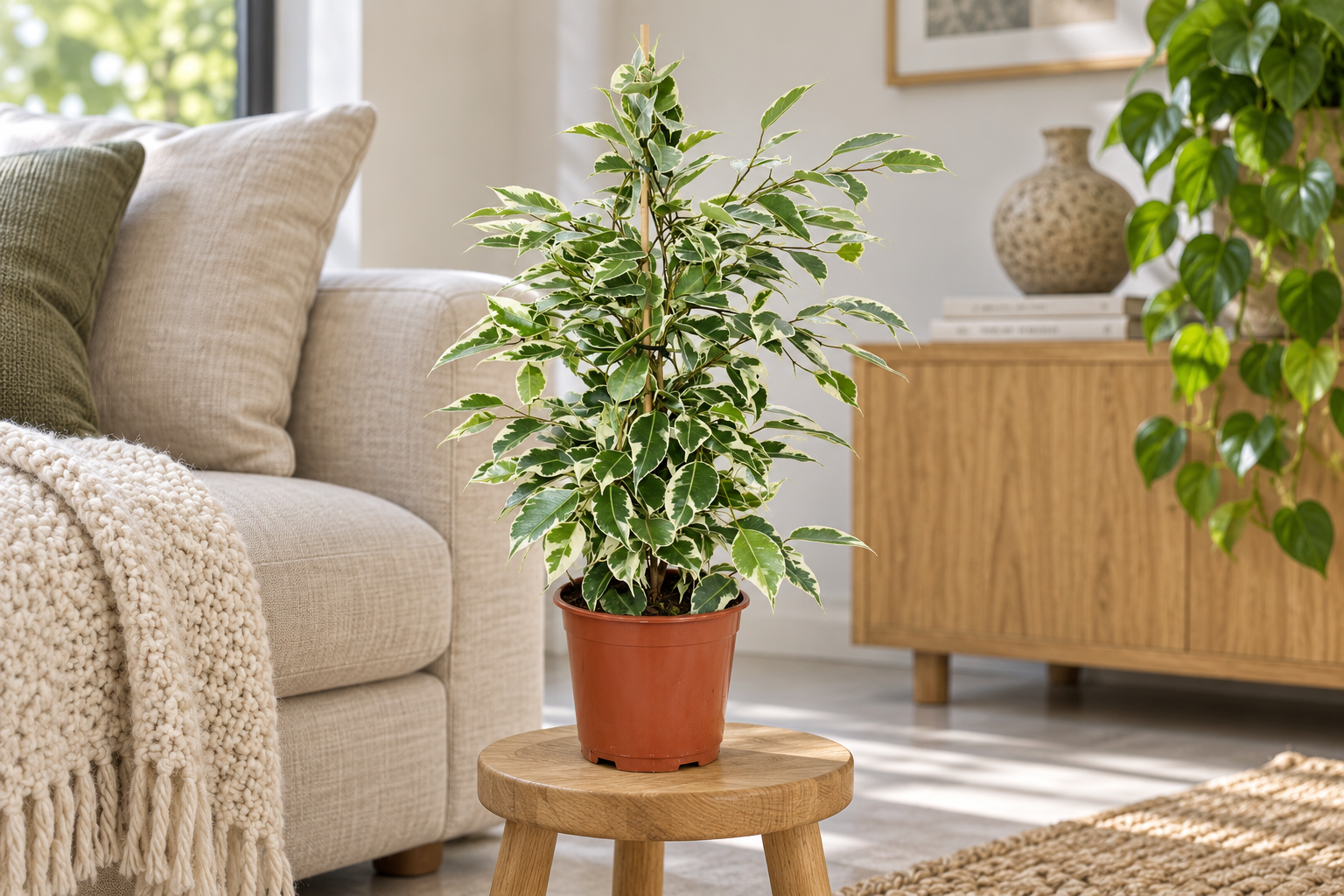 KI-gestaltete Wohnszene mit Ficus benjamina 'Twilight' in den Proportionen der jungen Sortimentspflanze