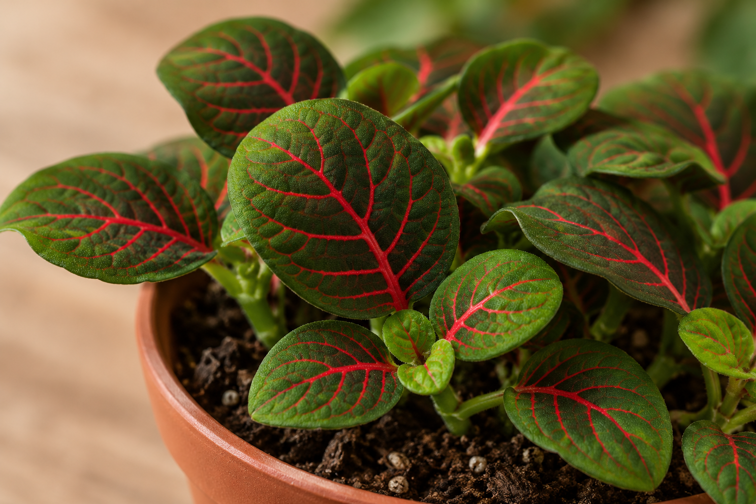 Enlarged rounded dark green fittonia leaves with red net veins above a terracotta rim