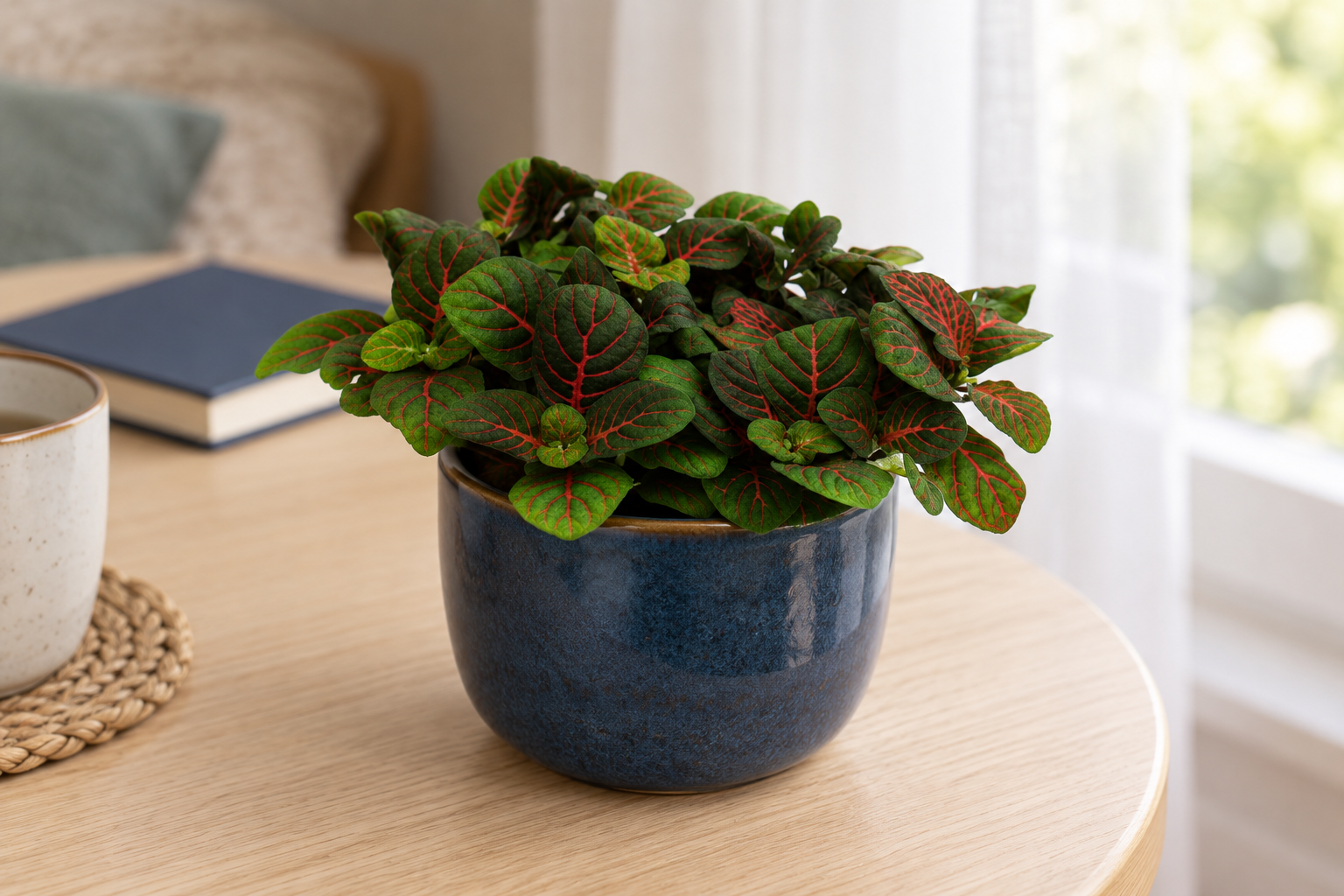 Small Fittonia Bubble Red with oval dark green red-veined leaves in a blue container on a bright reading table