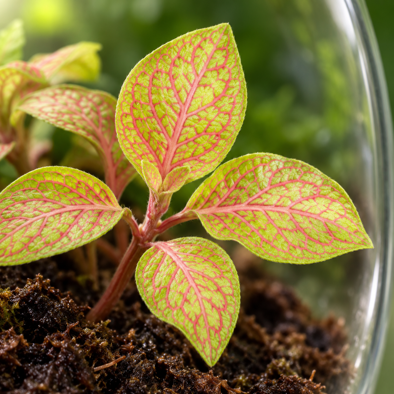 AI-created enlarged leaf detail of Fittonia Ruby Lime