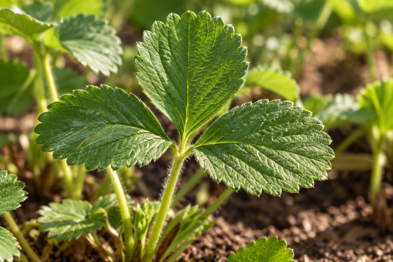 Trois folioles vertes dentées d’un fraisier de jardin sur un pétiole finement velu ; détail créé par IA
