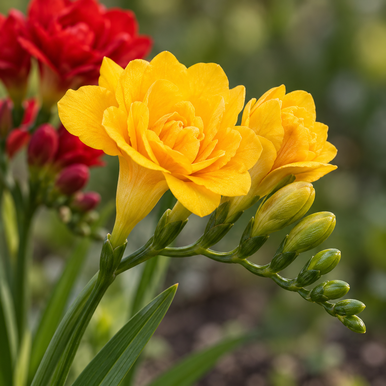 Freesias doubles jaunes à tubes étroits et boutons sur une inflorescence latérale