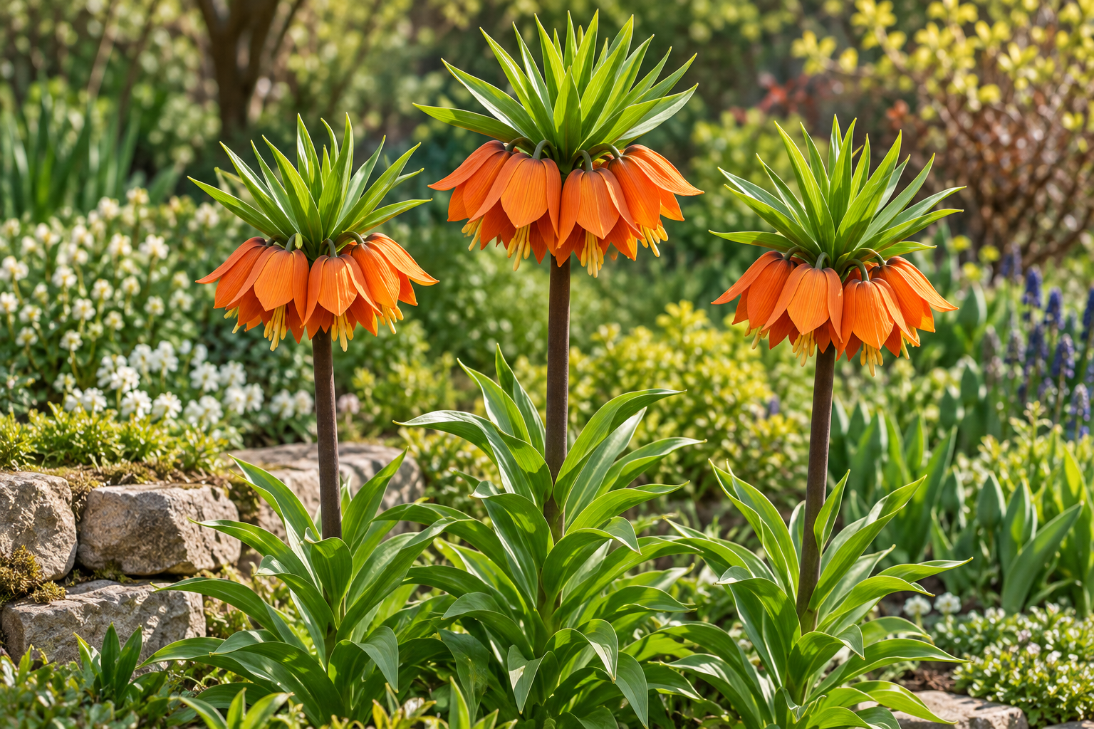KI-gestaltete spätere Blüte von Fritillaria imperialis 'Garland Star' am passenden Gartenplatz